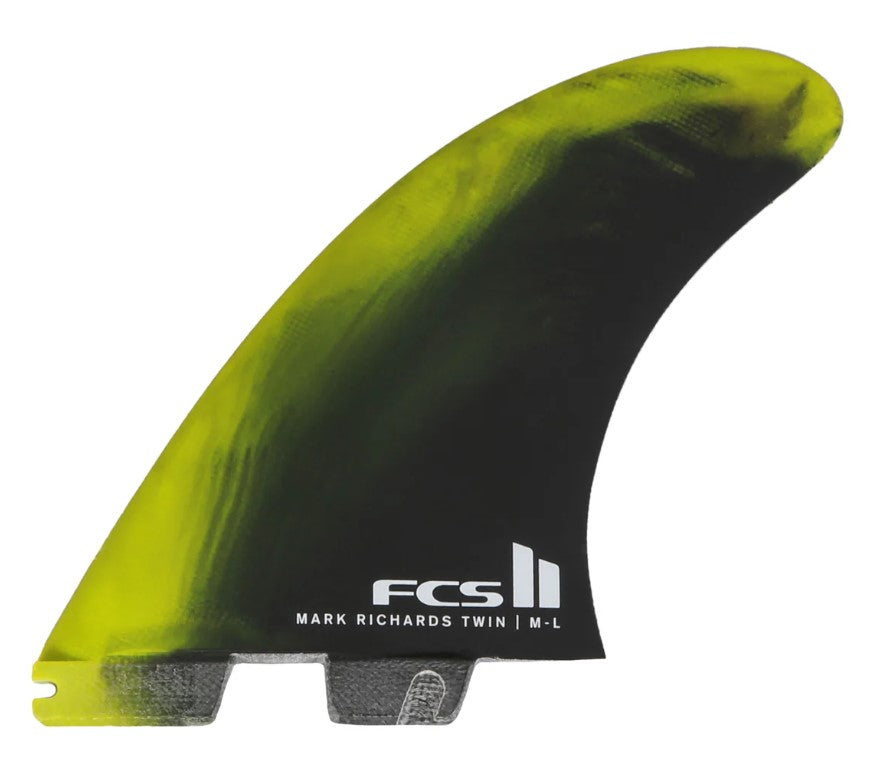 FCS II MR Twin + 1 Performance Core M/L Surfboard Fins
 in cyber lime and black colourway showing one of the front fins