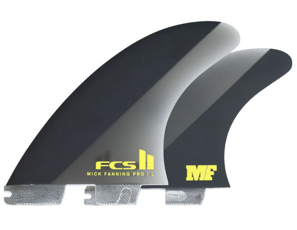 FCS II Mick Fanning Performance Glass Tri Fin Set in black and acid colourway