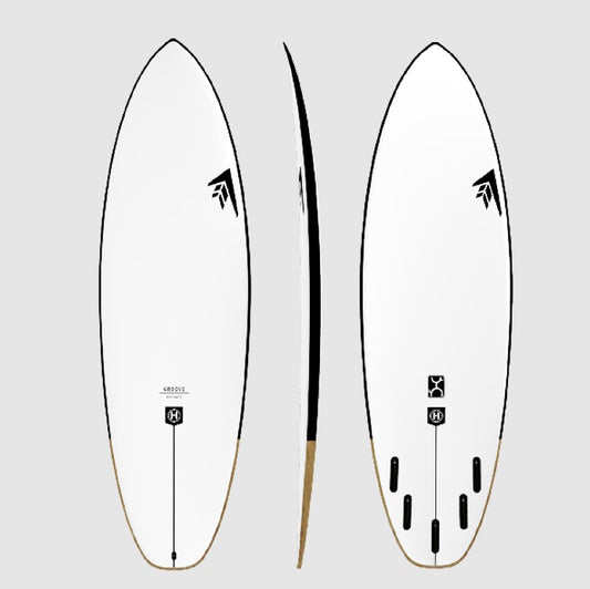 Firewire 5'9 Machado Groove Helium Surfboard showing deck, rail and bottom views