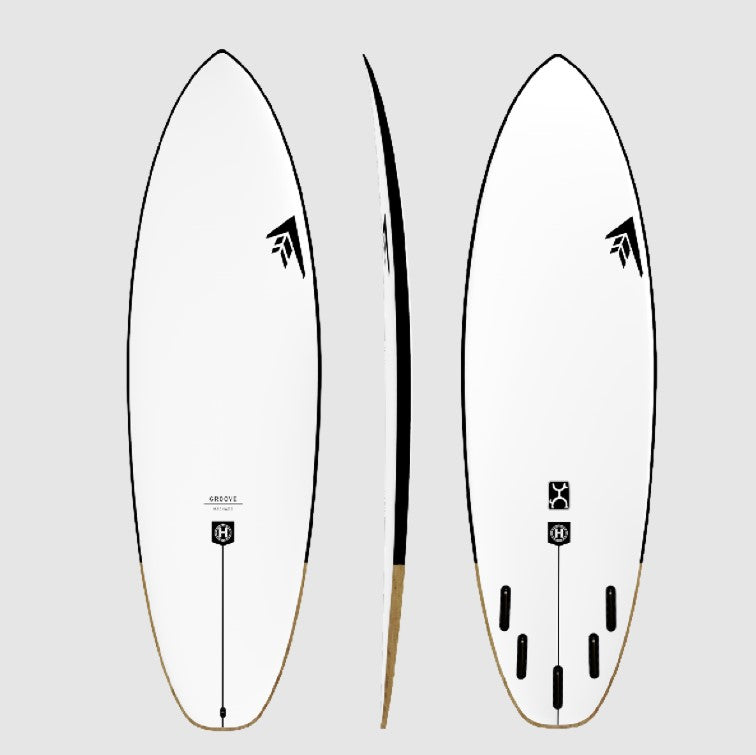 Firewire 6'1 Machado Groove Helium Surfboard showing deck, rail and bototm views