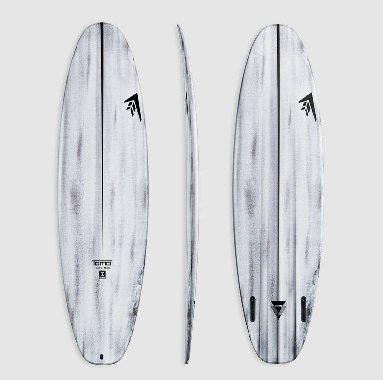 Firewire 6'3 Tomo Revo Max Volcanic Surfboard showing all of deck, bottom and side views