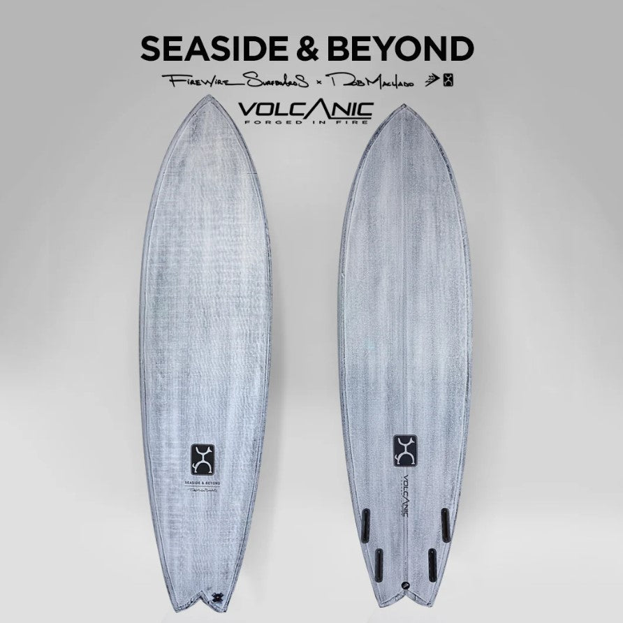 Firewire 7'4 Machado Seaside and Beyond Volcanic Surfboard showing deck and bottom