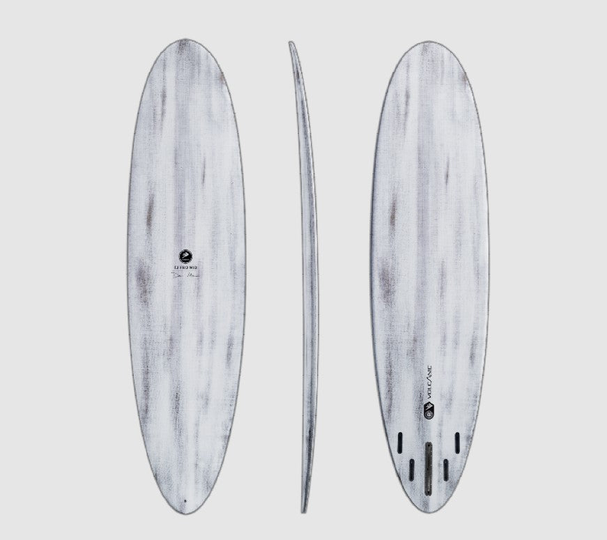Firewire 8'0 TJ Pro Mid Volcanic Midlength Surfboard showing deck, side and bottom view