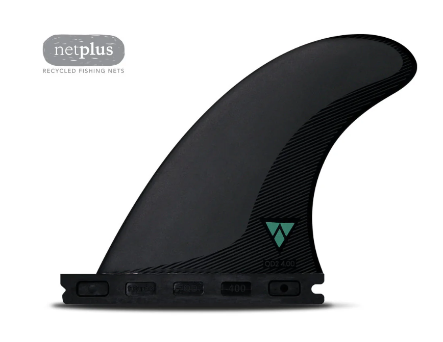 Futures Fins Alpha Carbon Quad Rear 4.0 Fin Set in black with teal