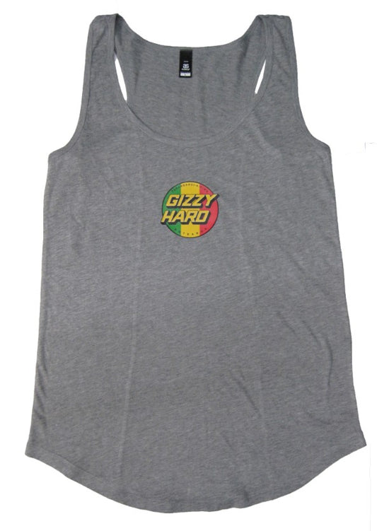 GIZZY HARD WOMENS FRONT TRIBUTE TANK grey marble tank with rasta gizzy hard