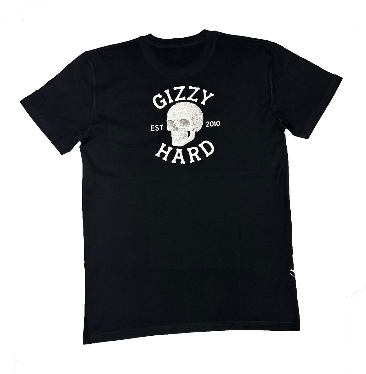 Gizzy Hard Kai On My Mind T-Shirt in black from the back, showing a skull made of a kina shell with bone lettering