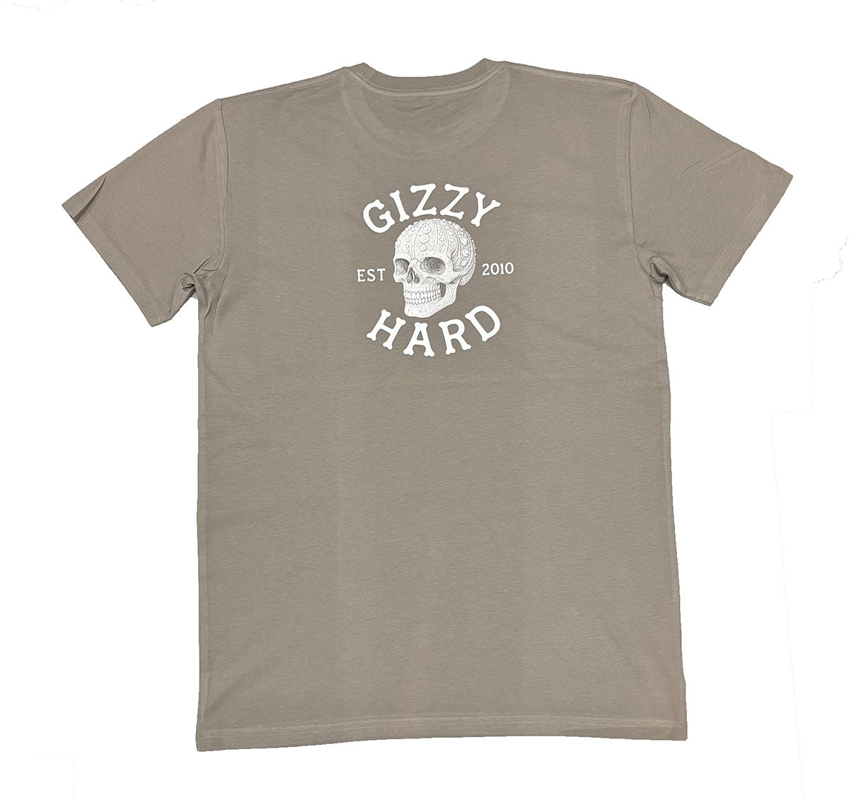 Gizzy Hard Kai On My Mind T-Shirt in mushroom from the back, showing a skull made of a kina shell with bone lettering
