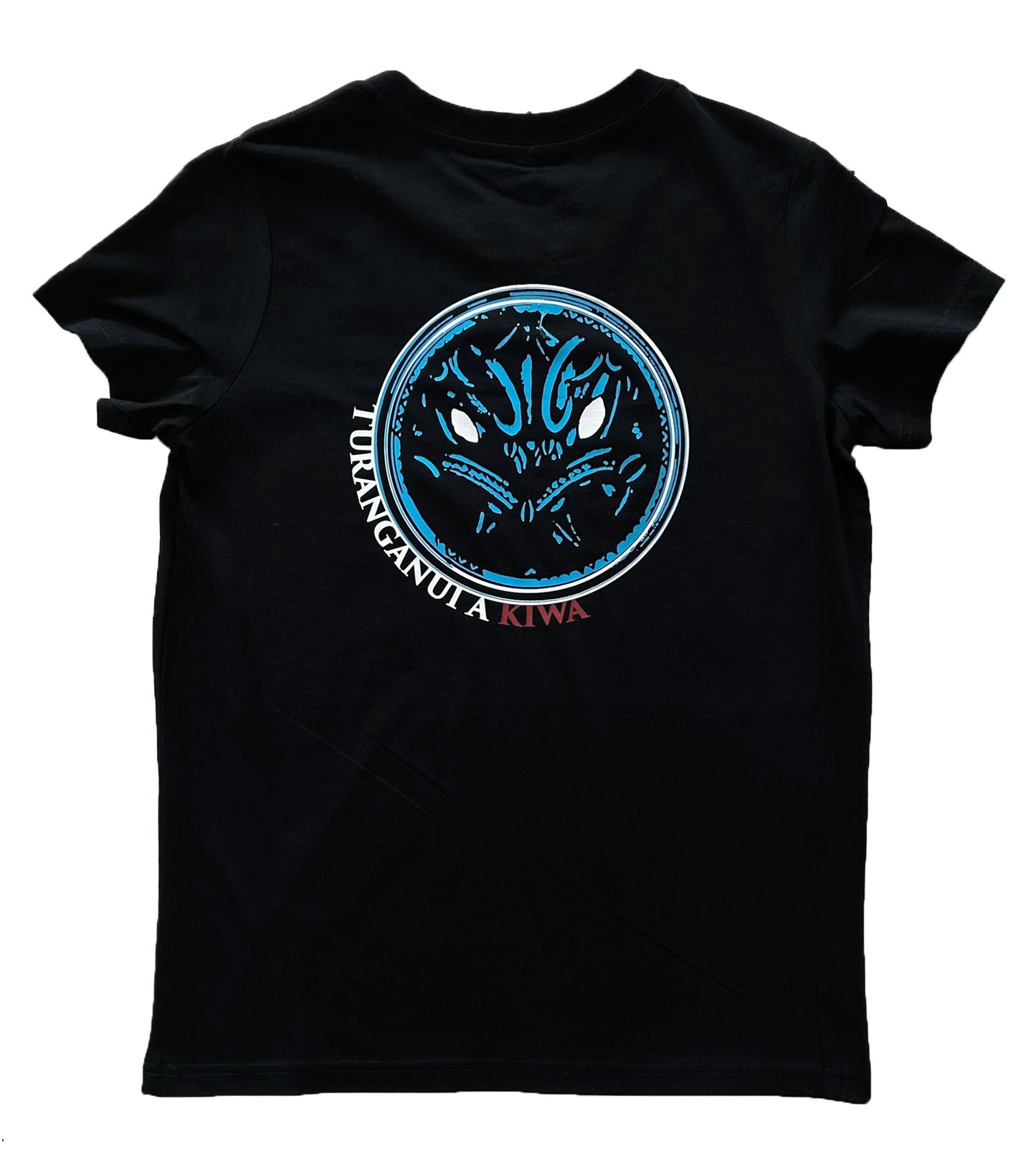 Gizzy Hard Maia Gibbs TNAK Womens Tee black tee with blue and white maia gibbs desigm turanganui a kiwa back 