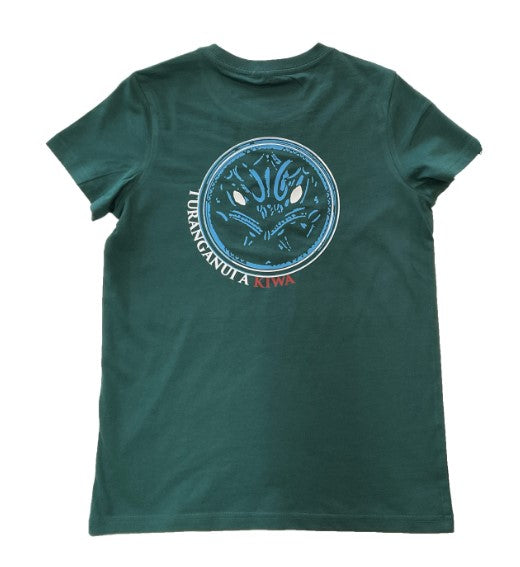 Gizzy Hard Maia Gibbs TNAK Womens Tee green tee with blue and green maia gibbs desigm turanganui a kiwa back