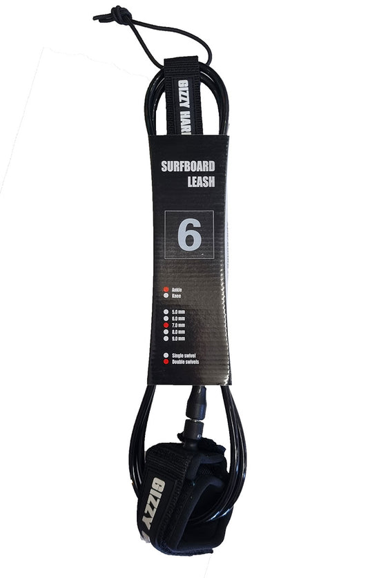 Gizzy Hard 6' Double Swivel Regular Surfboard Leash in black