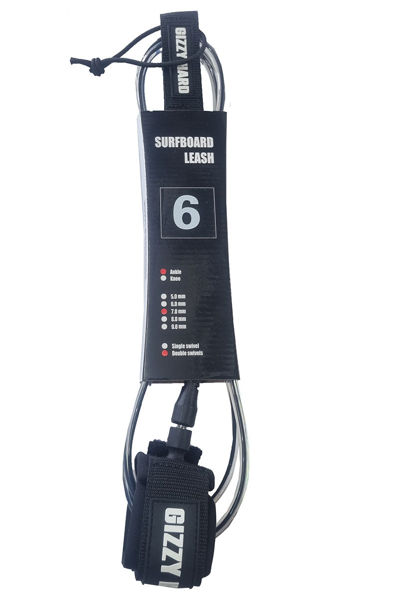 Gizzy Hard 6' Double Swivel Regular Surfboard Leash in clear with black core