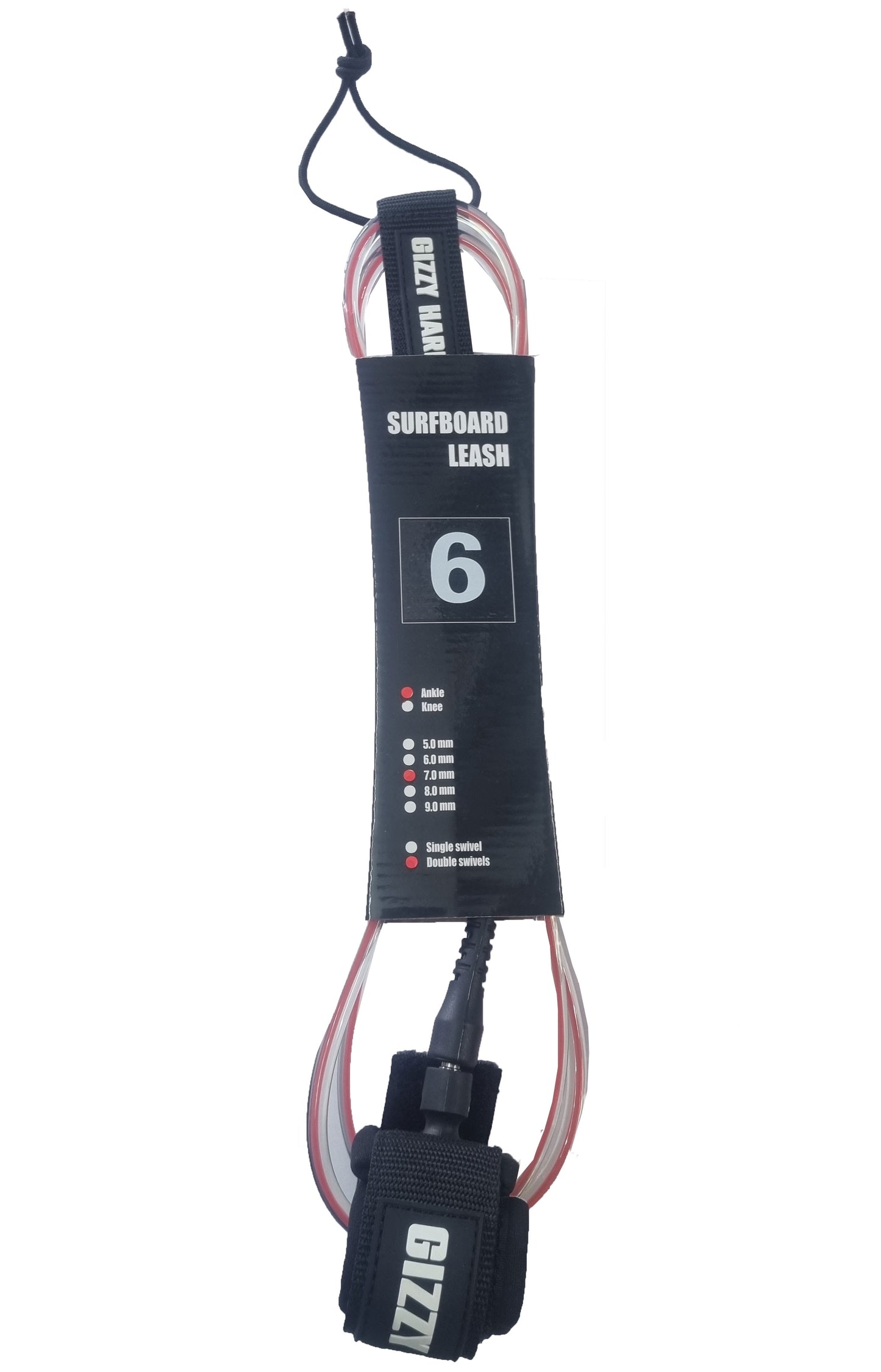 Gizzy Hard 6' Double Swivel Regular Surfboard Leash in clear with red core