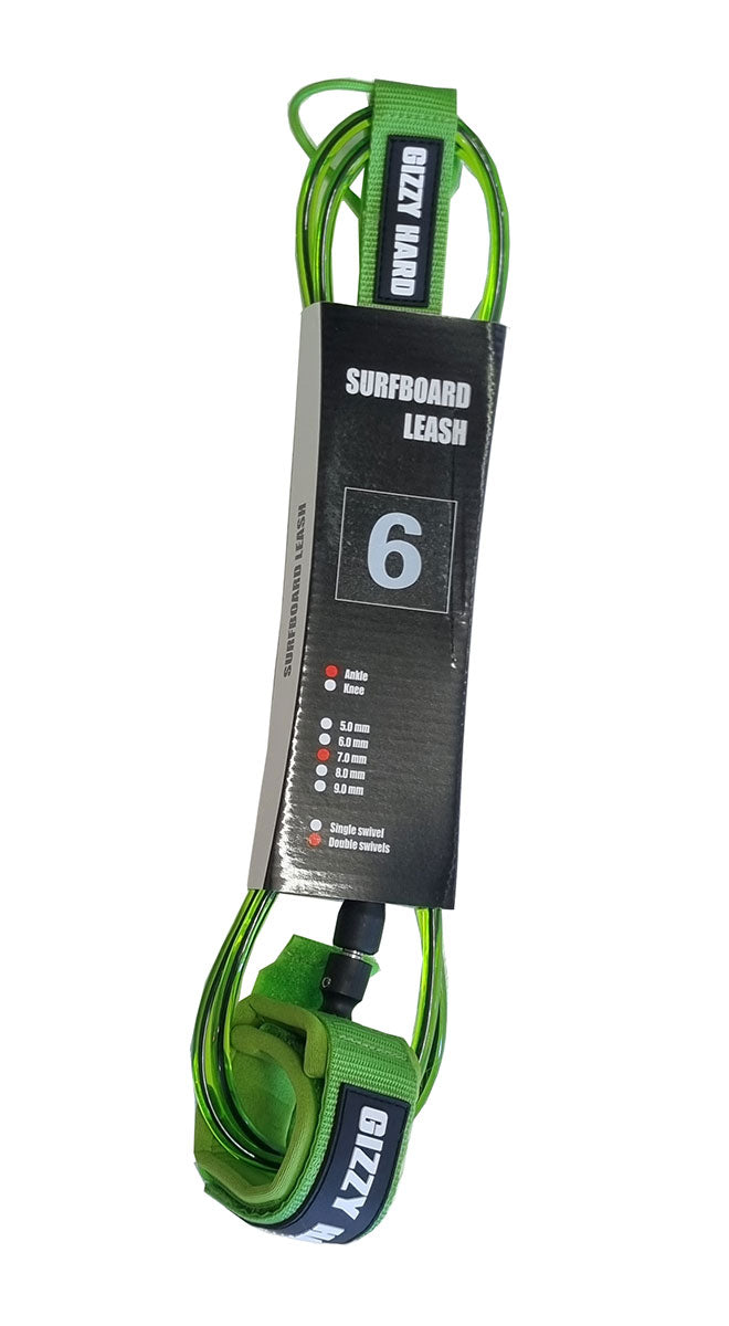 Gizzy Hard 6' Double Swivel Regular Surfboard Leash in clear green