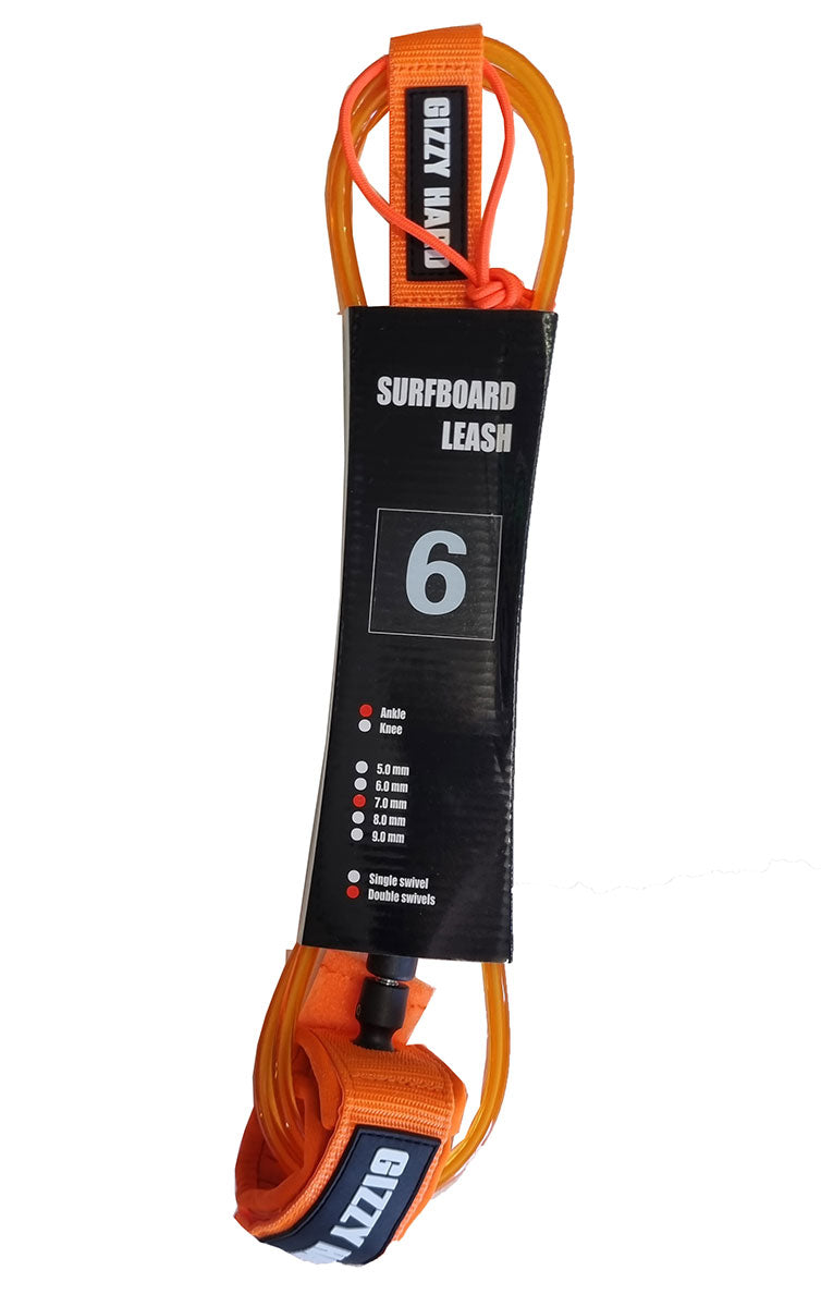 Gizzy Hard 6' Double Swivel Regular Surfboard Leash in clear orange