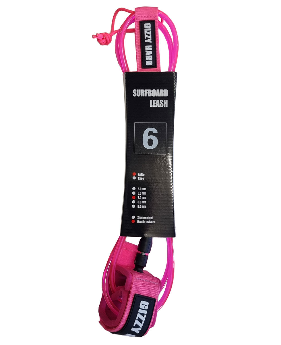 Gizzy Hard 6' Double Swivel Regular Surfboard Leash in clear pink