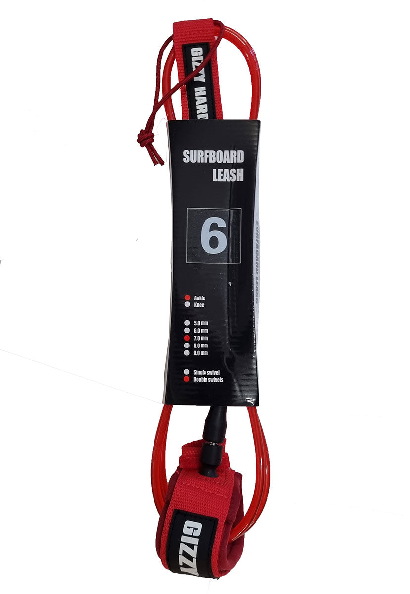 Gizzy Hard 6' Double Swivel Regular Surfboard Leash in red colourway