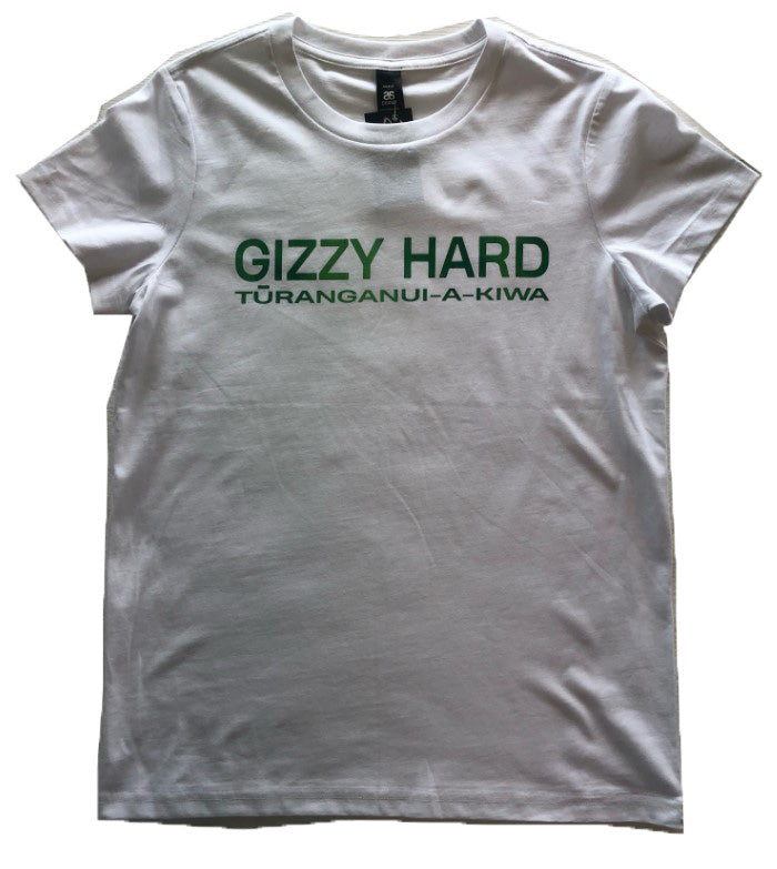 GIZZY HARD WOMENS POUNAMU TEE white shirt with green gizzy hard turanganui a kiwa