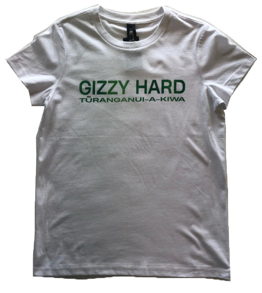 GIZZY HARD WOMENS POUNAMU TEE white shirt with green gizzy hard turanganui a kiwa