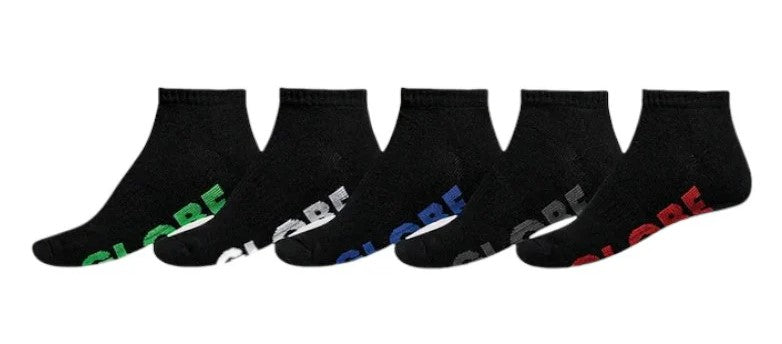 Globe Youth Stealth Ankle Socks - 5 Pack in black with assorted logo colours