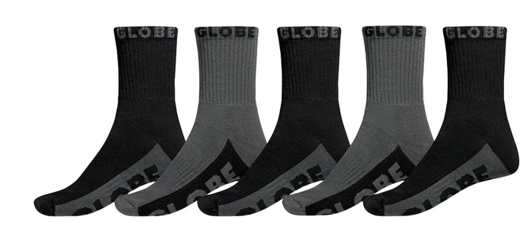 Globe Black/Grey Crew Socks 5 Pack showing 5 socks