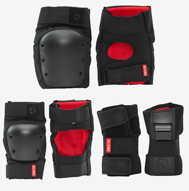 Globe Goodstock Adult Skate Pad 3 Pack Set in black wiht red detailing showing a pair each of knee pads, elbow pads and wrist guards