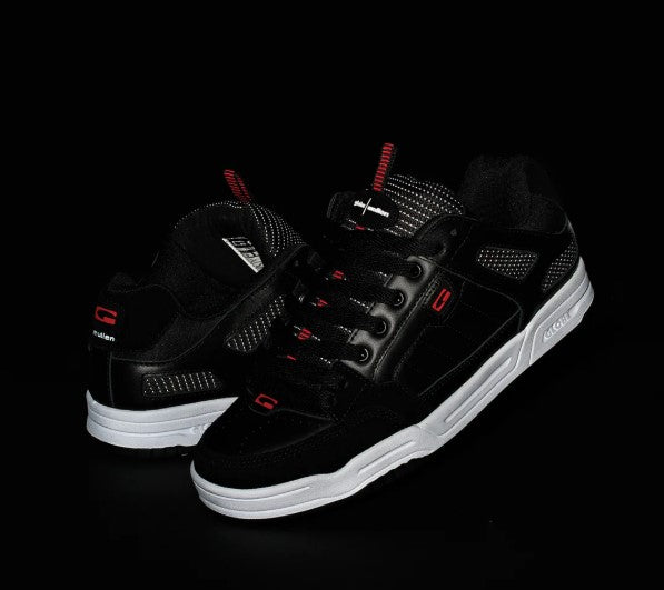 Globe Tilt Prime Skate Shoes showing a pair in black/mullen colourway with black background