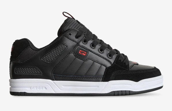 Globe Tilt Prime Skate Shoes in blackmullen colourway with white soles in white background