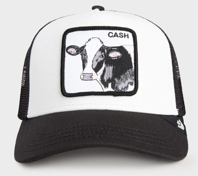 Goorin Bros Cash Cow Trucker Cap in white and black colourway from front, called dust and void colours