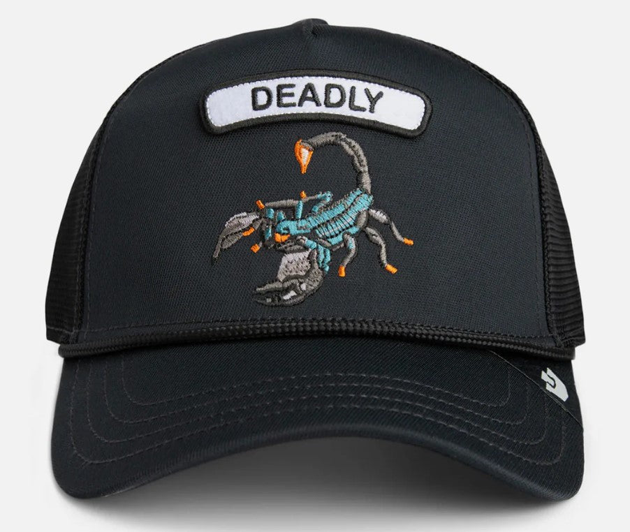 Goorin Bros GB2 Deadly Scorp Snapback Cap in void black with scorpion on it from front