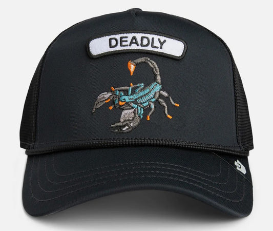 Goorin Bros GB2 Deadly Scorp Snapback Cap in void black with scorpion on it from front