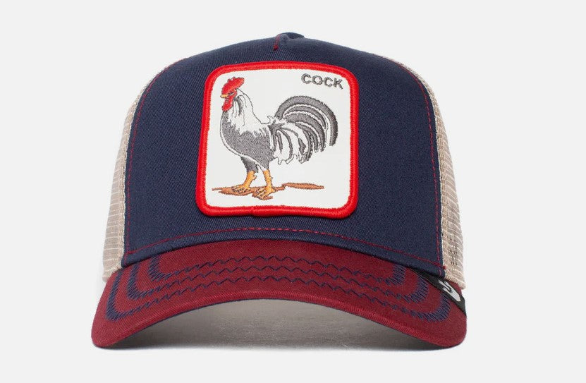 Goorin Bros The Cock Snapback Trucker Cap in navy and red from front