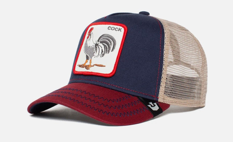 Goorin Bros The Cock Snapback Trucker Cap in navy and red from side