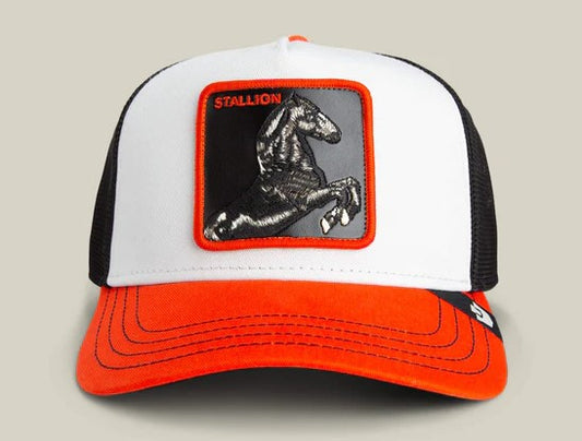 Goorin Bros Tricolor Stallion Trucker Cap in orange, white and black
