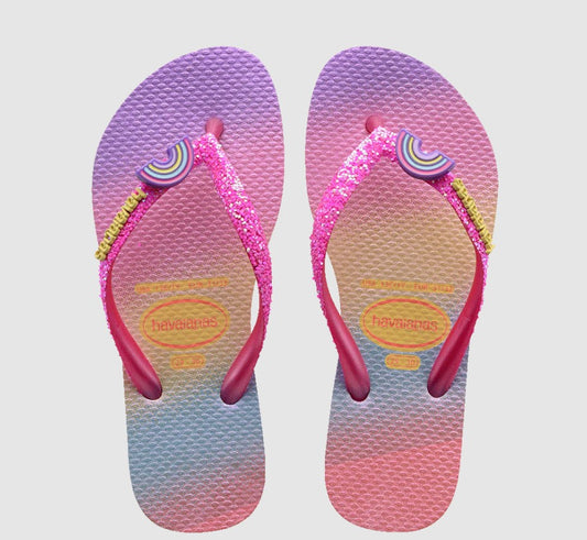 Pair of Havaianas Kids Slim Glitter Jandals side by side in pink lemonade pink flux colourway