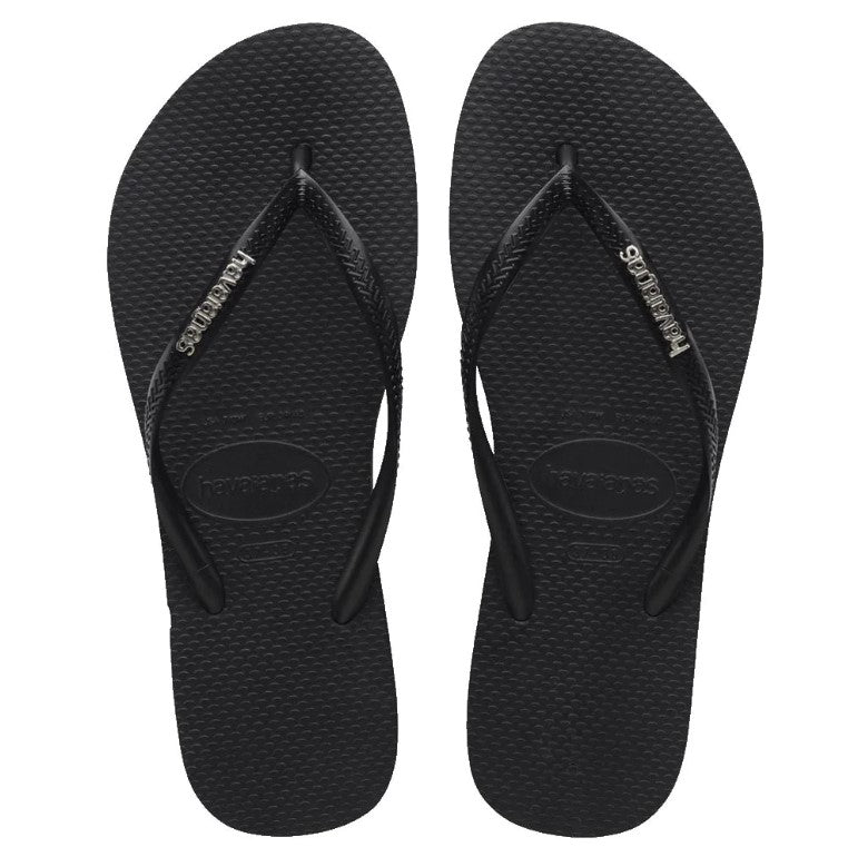 HAVAIANAS SLIM LOGO METAL JANDALS pair of flipflops in black and silver