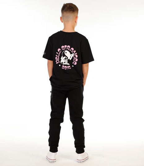 Hello Stranger Boys Pocket Track Pants in black with lavendar pocket from rear