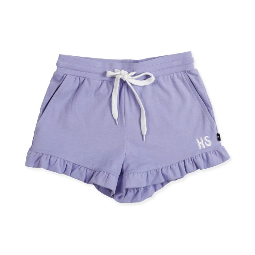 Hello Stranger Frill Shorts in purple from front