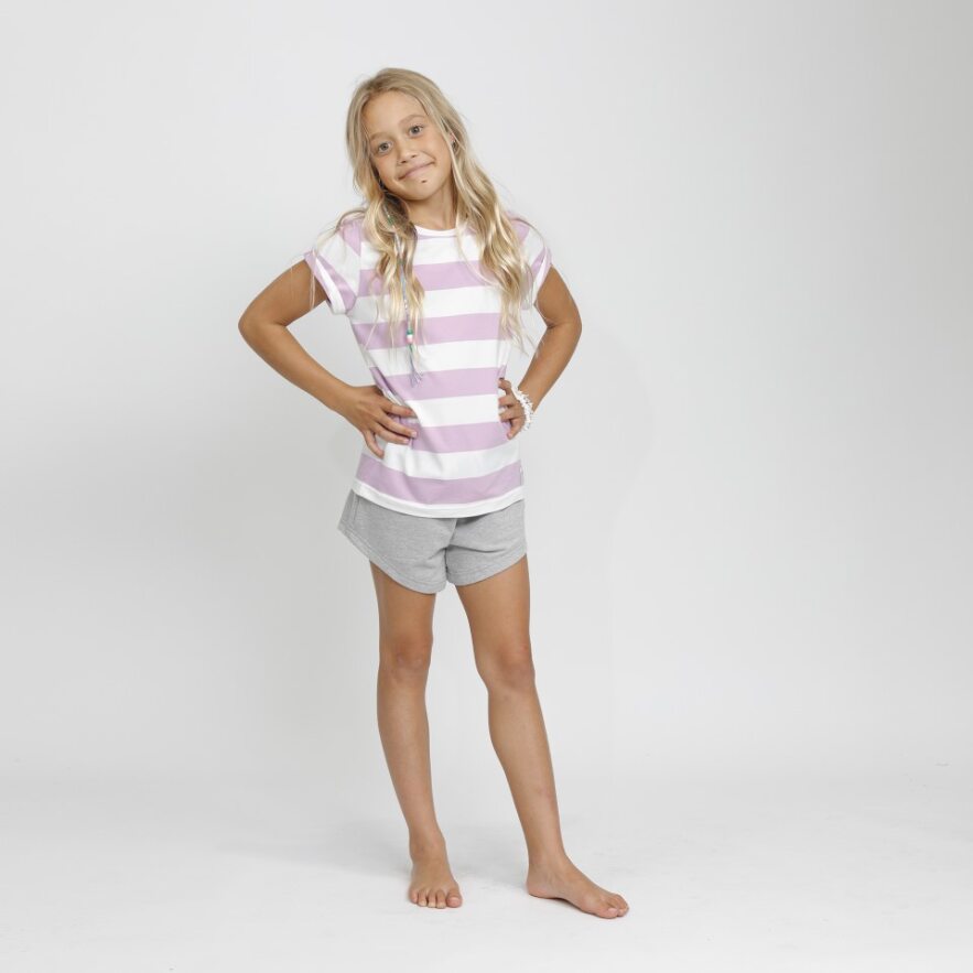 Hello Stranger Girls SS Classics Tee in pale purple stripe on blonde model