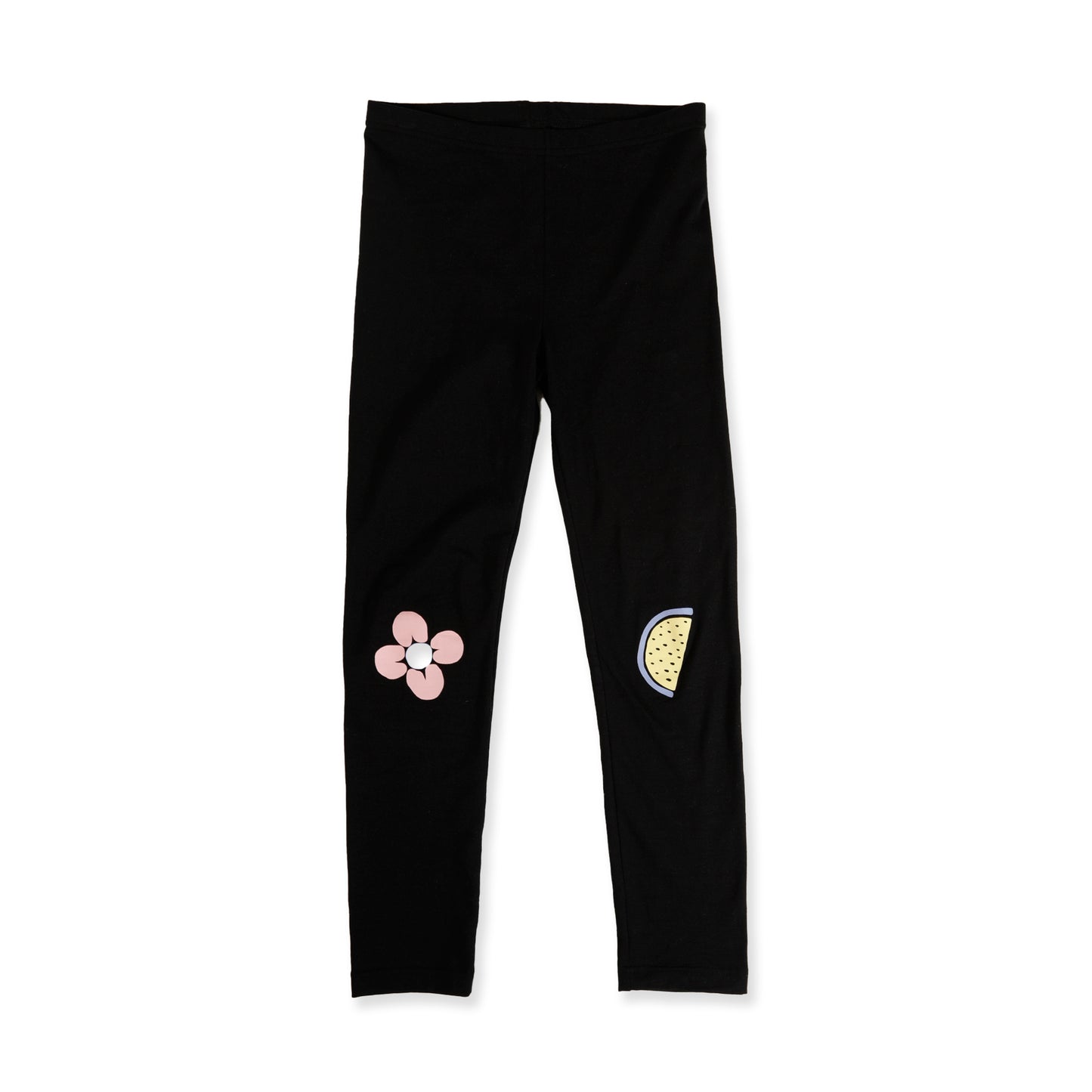 Hello Stranger Girls Leggings in black and pink with a flower and slice of fruit on the knees