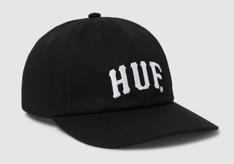 Huf Arch 6 Panel Cap in black showing front embroidery