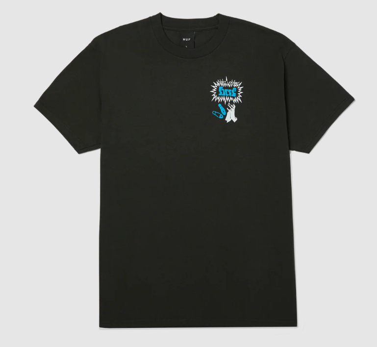 Huf Everybody Get Loose Tee in vintage black with bright back print from front