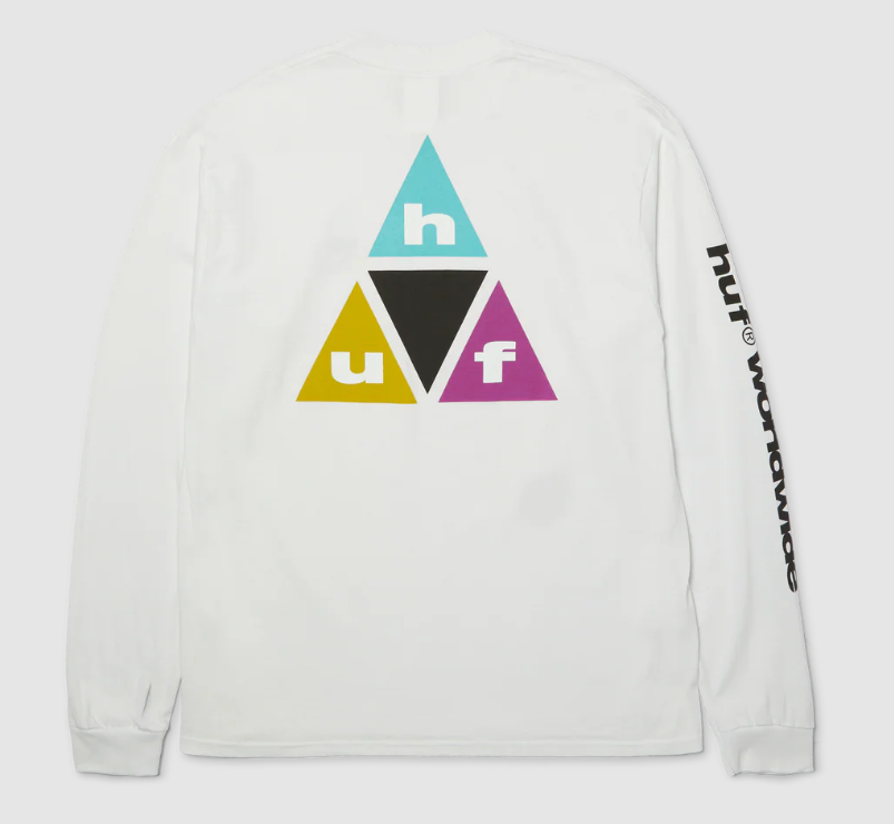 Huf Prism Triple Triangle Long Sleeve Tee in white from the rear