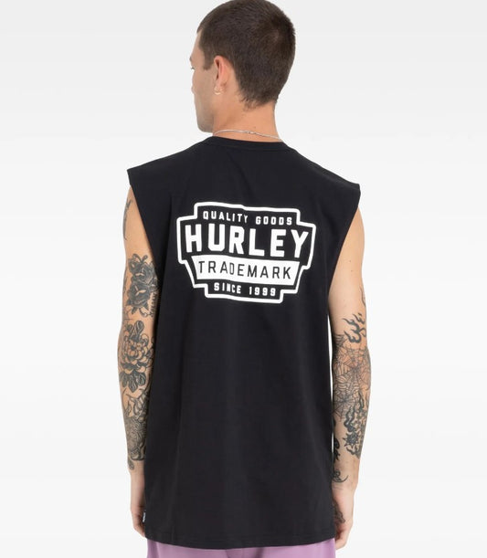 Hurley Station Muscle Tee in black on model from back