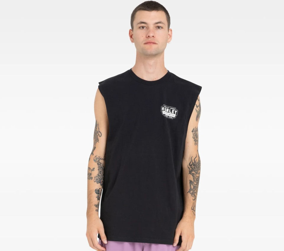 Hurley Station Muscle Tee in black on model from front