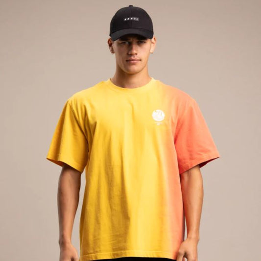ilabb Sunset Oversized Block Tee in yellow and orange dip dye from front