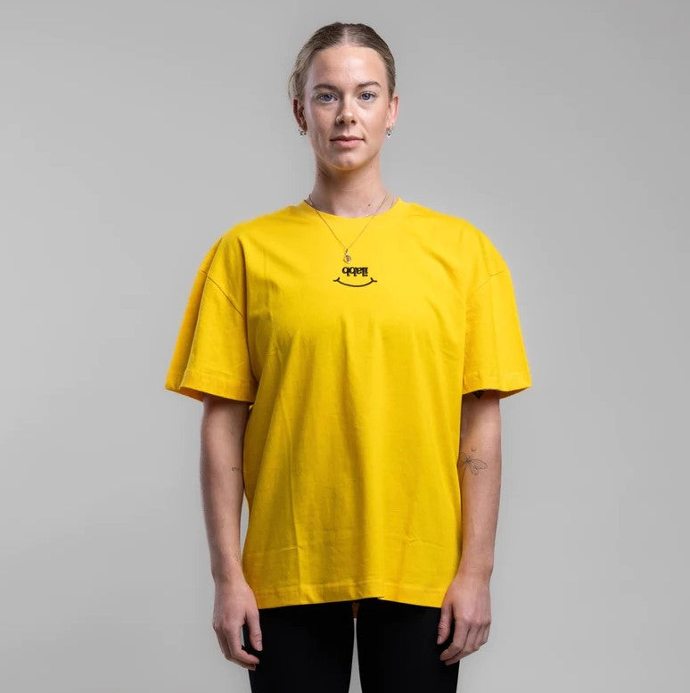 Ilabb Womens Oversized Grin Block Tee in gold colour