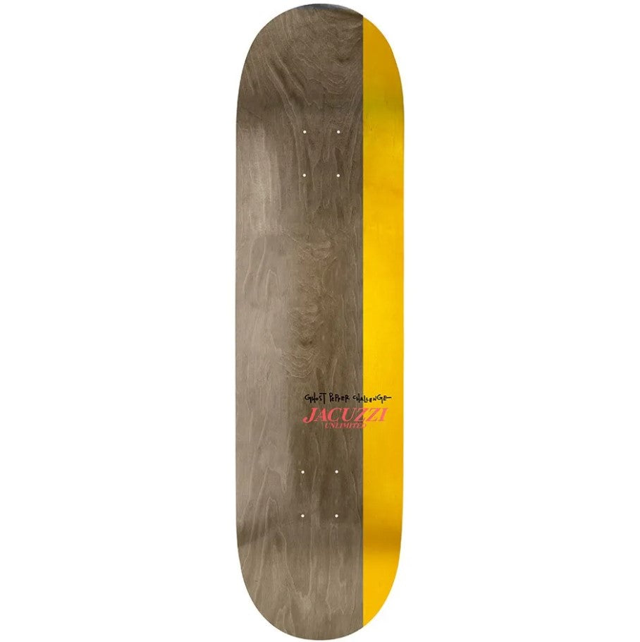 Jacuzzi Fire In The Hole 8.375" EX7 Skateboard Deck showing deck in wood grain and yellow stripe