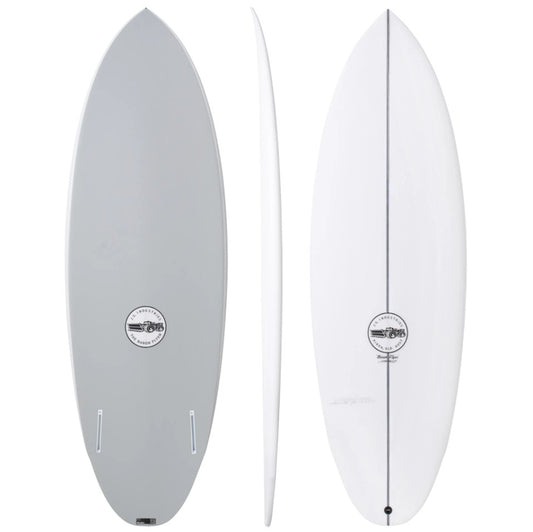 JS Industries 5'10 PU Baron Flyer Surfboard showing deck, bottom and side angles