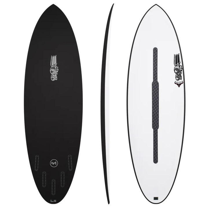 JS Industries 6'3 Bull Run Hyfi 3.0 Surfboard showing top, bottom and rail view