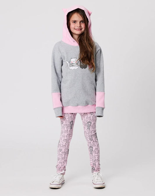 Radicool Girls Kitty Squad Hoodie in grey marle and pink on model